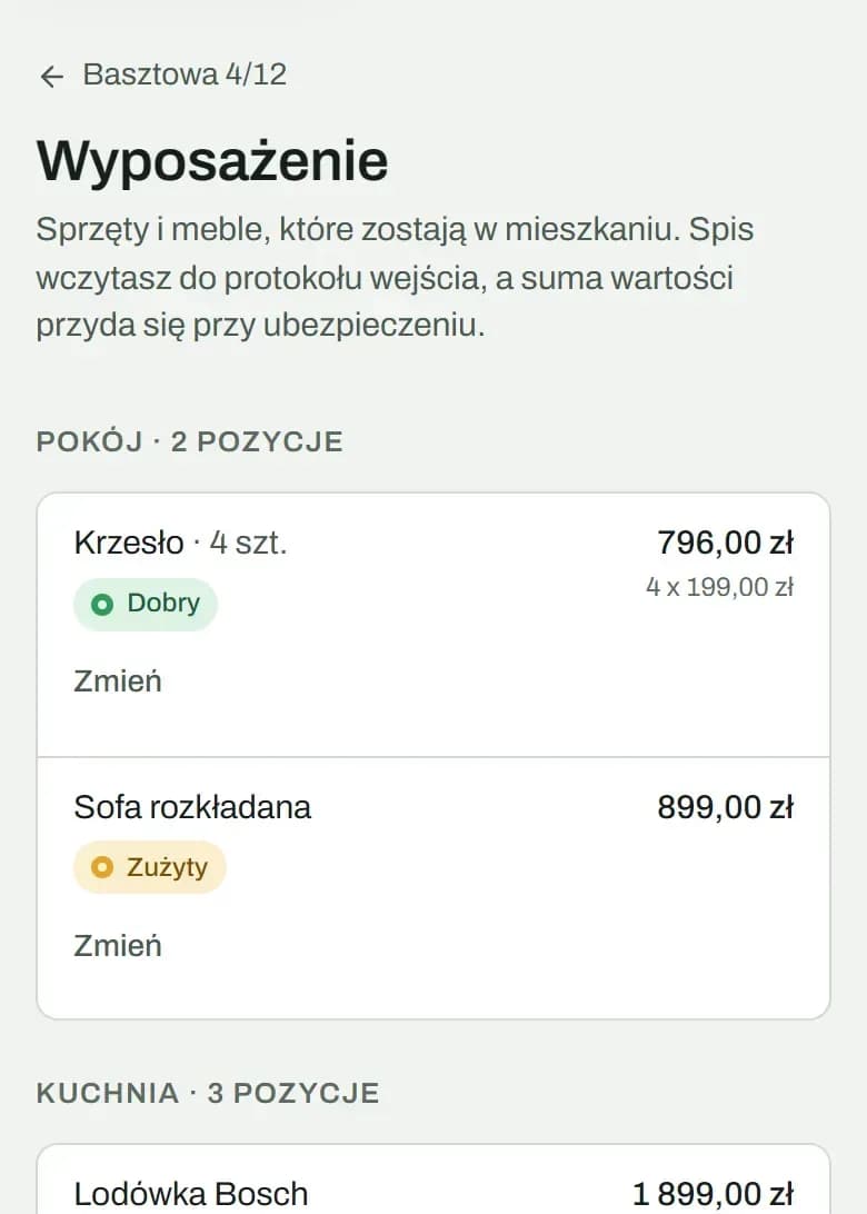 Larito w przeglądarce telefonu, przykładowe dane: wyposażenie mieszkania z cenami i stanem sprzętów