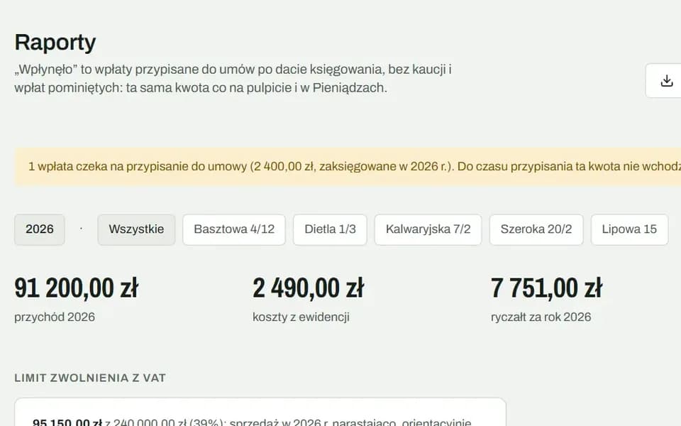 Ekran Raporty w Larito z przykładowymi danymi: przychód roku i koszty