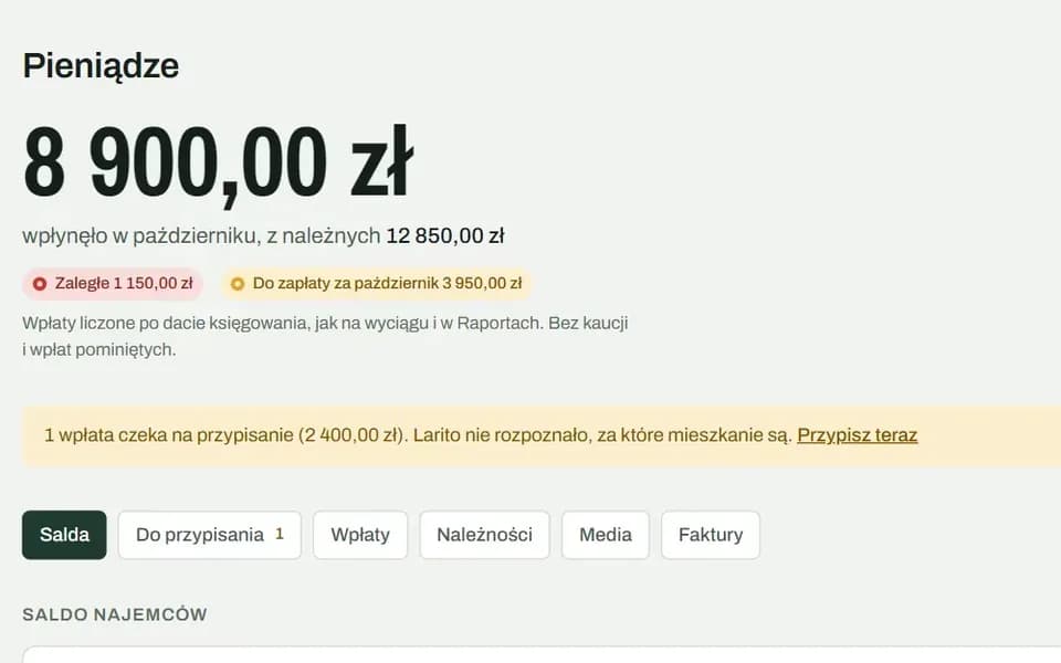 Ekran Pieniądze w Larito z przykładowymi danymi: suma wpłat w miesiącu i lista mieszkań z datą ostatniej wpłaty