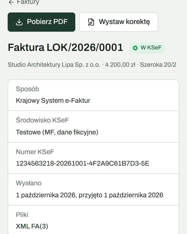 Faktura dla najemcy-firmy ze stanem W KSeF, środowisko testowe, numer KSeF i plik XML FA(3); dane przykładowe