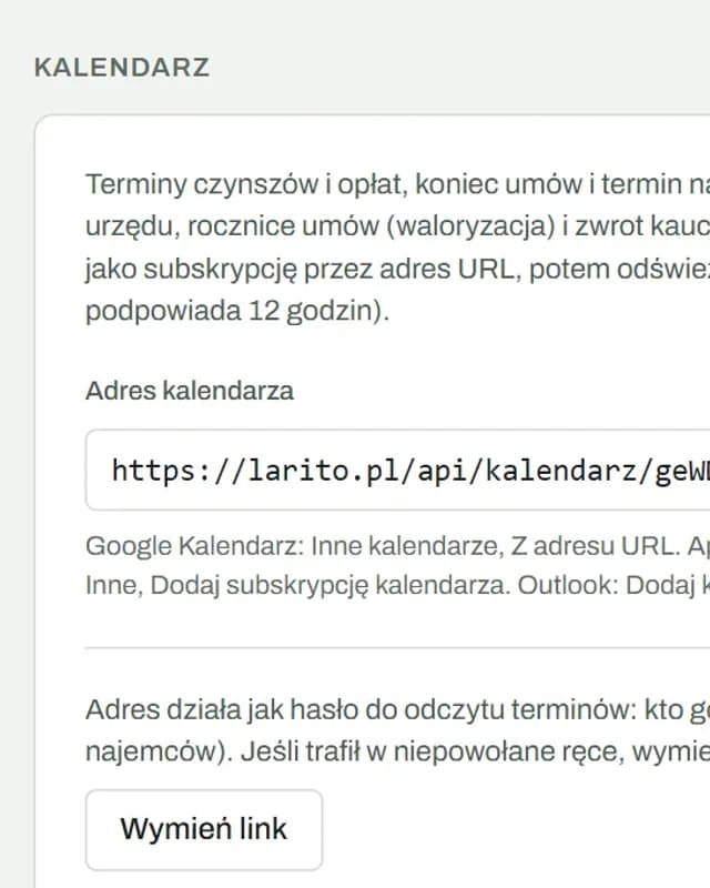 Ustawienia, Kalendarz: opis terminów w kalendarzu, adres subskrypcji i przycisk Wymień link