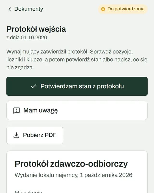 Protokół wejścia w portalu najemcy: wynajmujący zatwierdził protokół, najemca potwierdza stan albo zgłasza uwagę