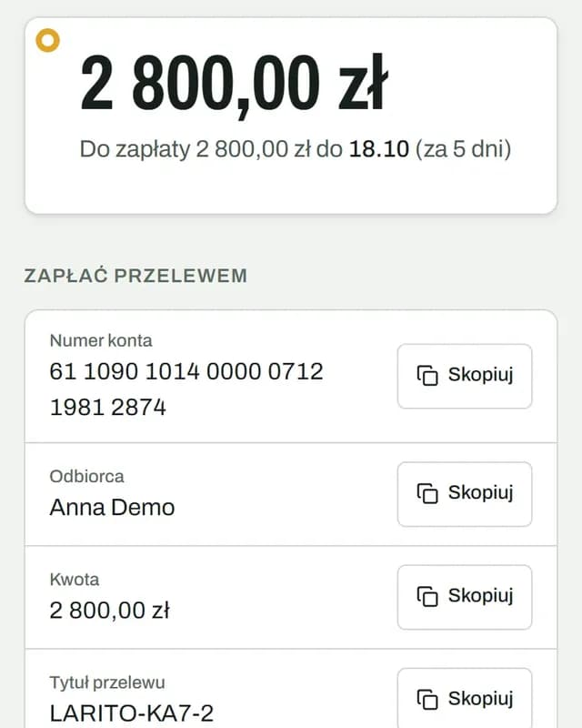 Portal najemcy na telefonie: 2 800 zł do zapłaty do 18.10 i dane do przelewu z przyciskami Skopiuj