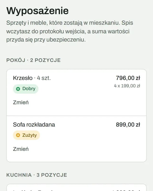 Wyposażenie mieszkania: krzesła, sofa i lodówka z ceną i stanem, pogrupowane według pomieszczeń