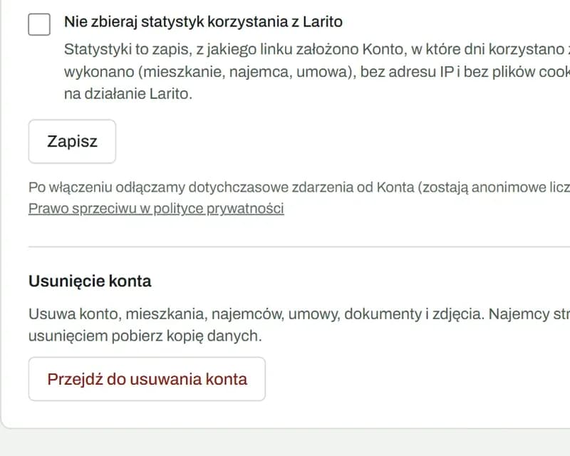 Ustawienia, Twoje dane: wyłączenie statystyk i przejście do usunięcia konta razem z mieszkaniami, najemcami i dokumentami