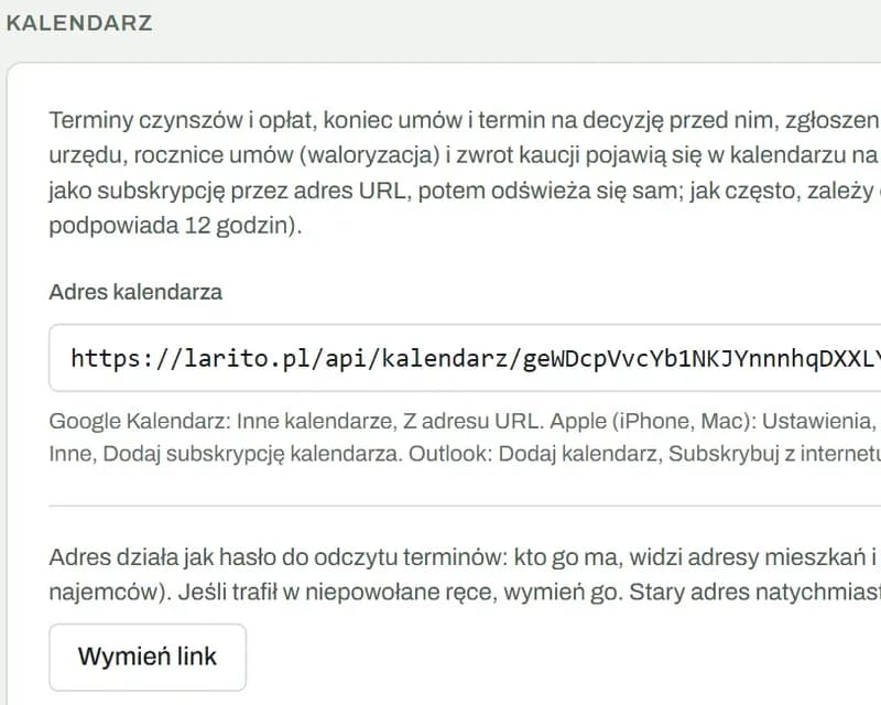 Ustawienia, Kalendarz: adres subskrypcji z przyciskiem Kopiuj adres i instrukcja dla Google, Apple i Outlooka