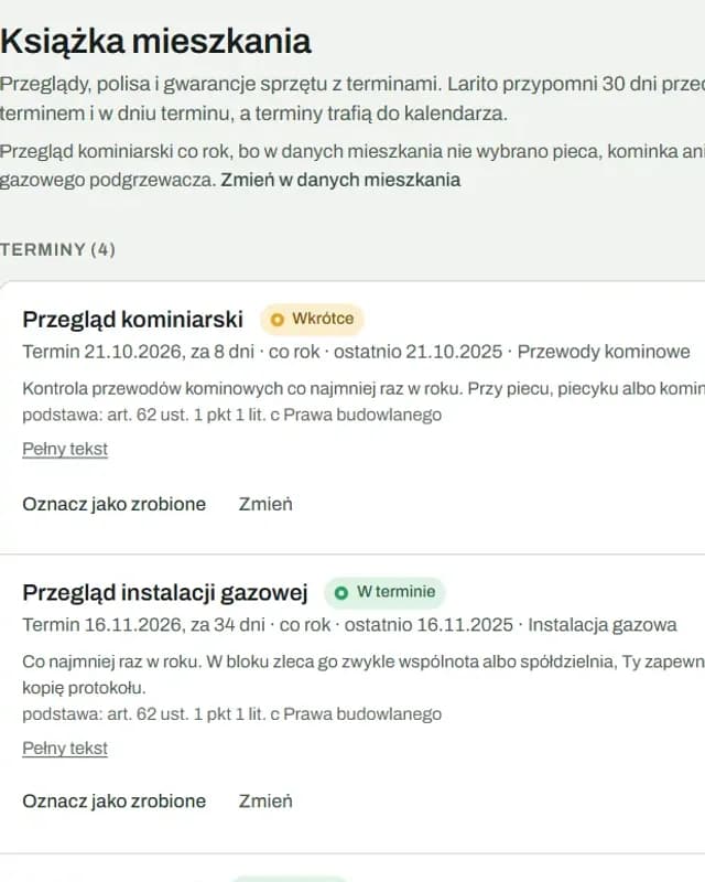 Książka mieszkania: przegląd kominiarski za 8 dni ze stanem Wkrótce i przegląd instalacji gazowej w terminie, z podstawą z art. 62 Prawa budowlanego
