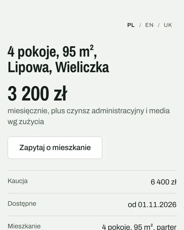 Strona oferty: 4 pokoje, 95 metrów, Lipowa, Wieliczka, 3 200 zł miesięcznie, przycisk Zapytaj o mieszkanie, kaucja i termin dostępności
