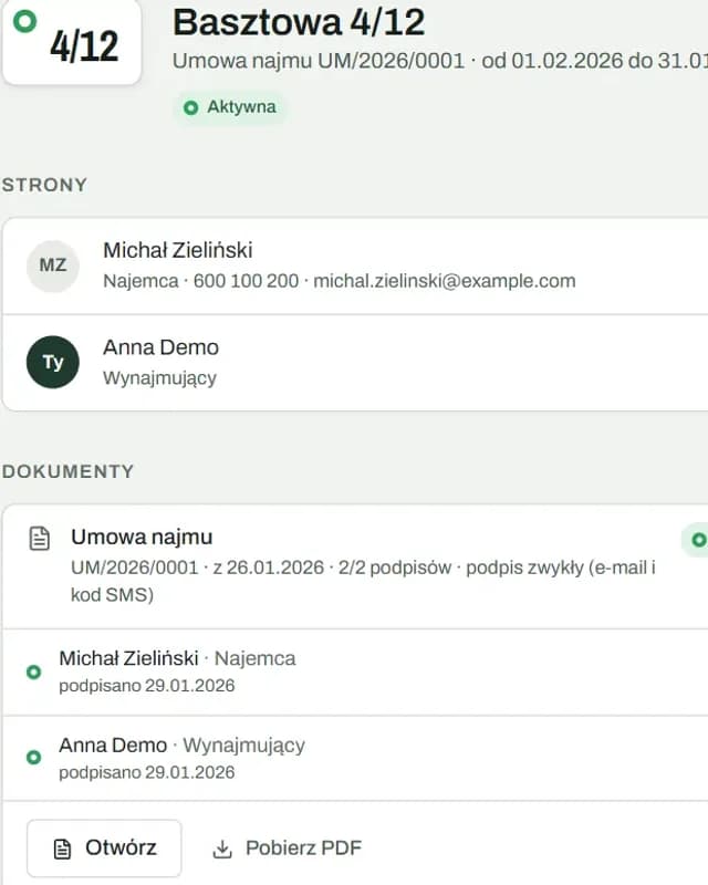 Karta umowy Basztowa 4/12: strony umowy i umowa najmu podpisana kodem SMS przez najemcę i wynajmującego 29.01.2026