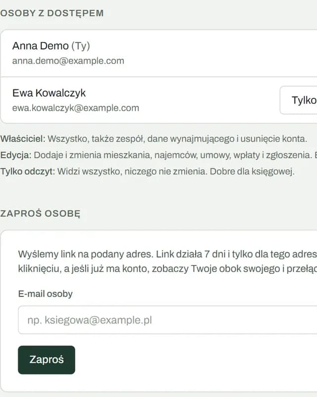 Ustawienia, Zespół: właścicielka i księgowa z rolą Tylko odczyt, opis ról i formularz zaproszenia e-mailem